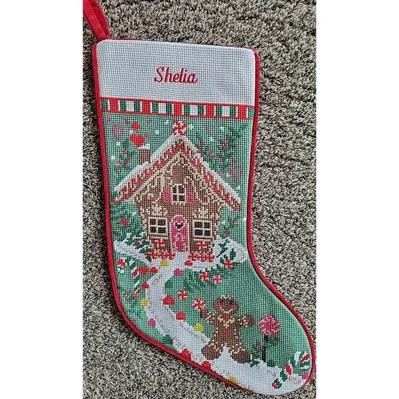 Lands' End Christmas Stocking Shelia monogram Gingerbread House Red C7 - Picture 1 of 6